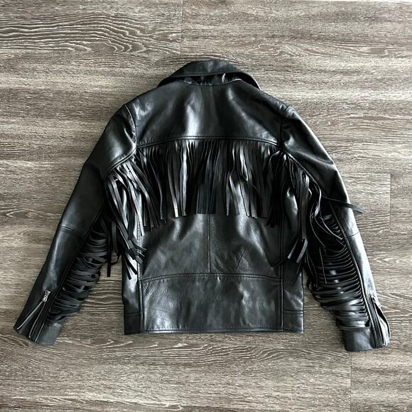 ASOS Black Leather Fringe Moto Jacket Small Real Leather Western Biker Statement - Picture 2 of 16